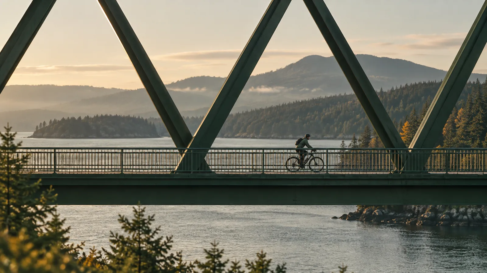 A cyclist crossing a green truss bridge over calm water at dusk, with forested hills behind.