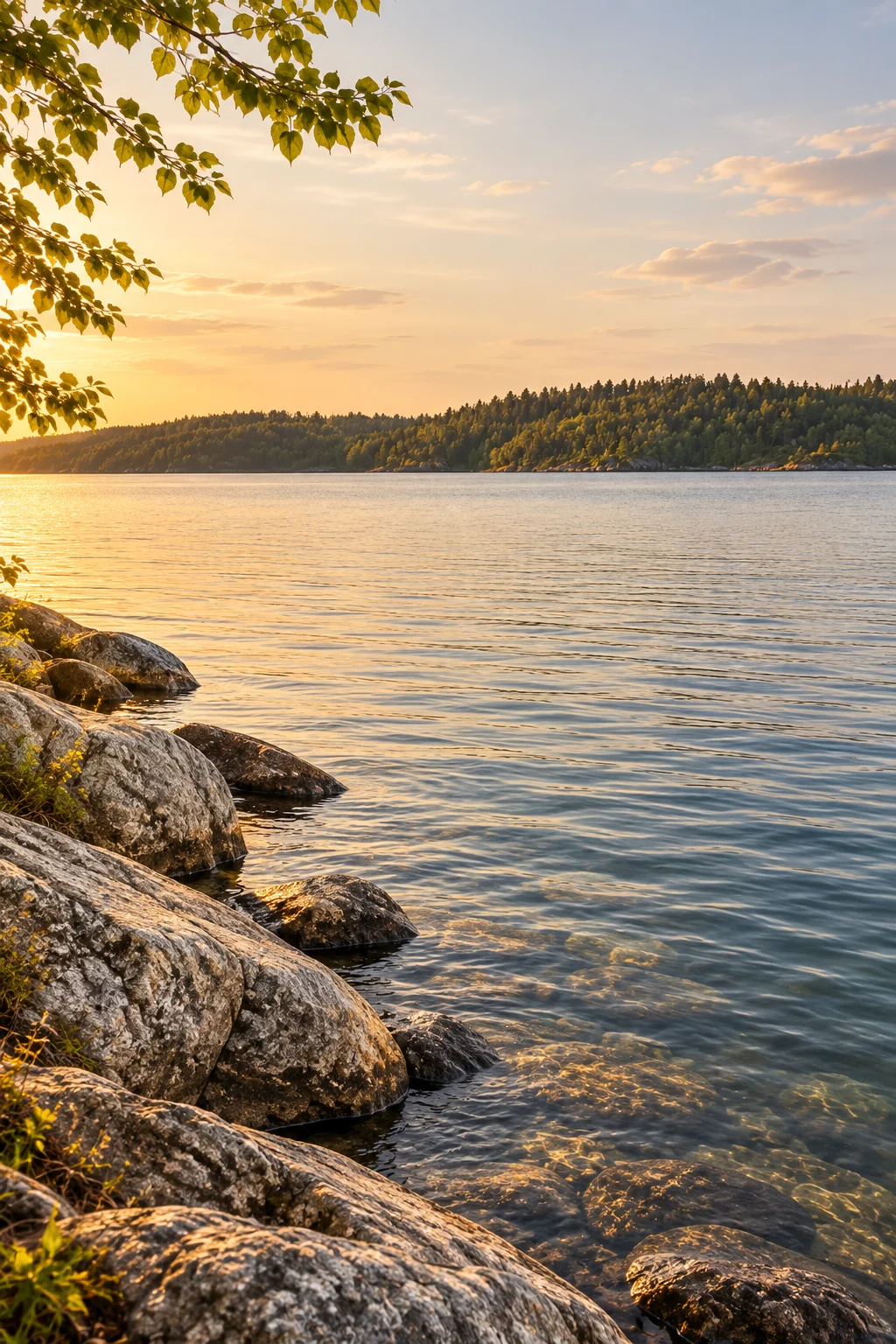 Warm evening light across a quiet lake, with granite shoreline rocks and a forested far shore.