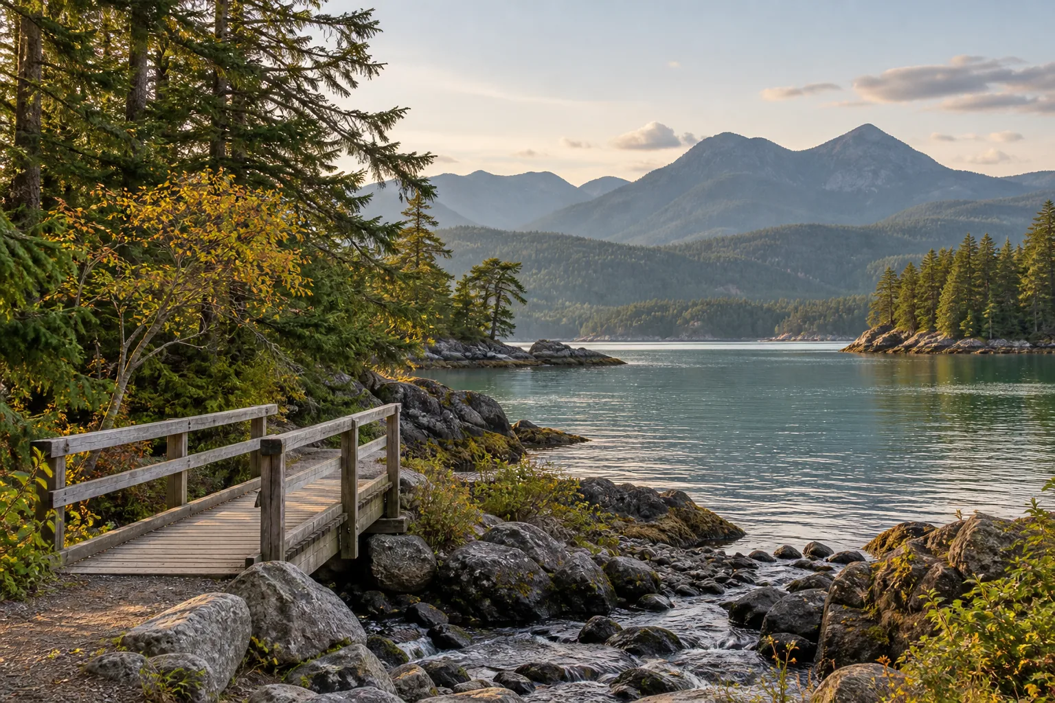 A wooden footbridge on a forest trail beside a calm inlet, with mountains in soft evening light.